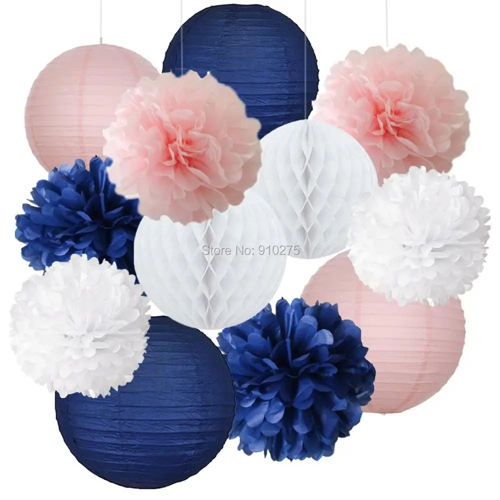 12 шт. смешанные темно синие розовые белые салфетки Pom Poms бумага фонарь сотовые
