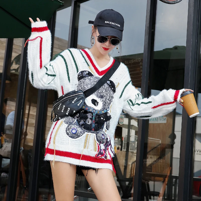 European station 2020 autumn new ladies sweater ageing V-neck cartoon long loose dress female tide | Женская одежда