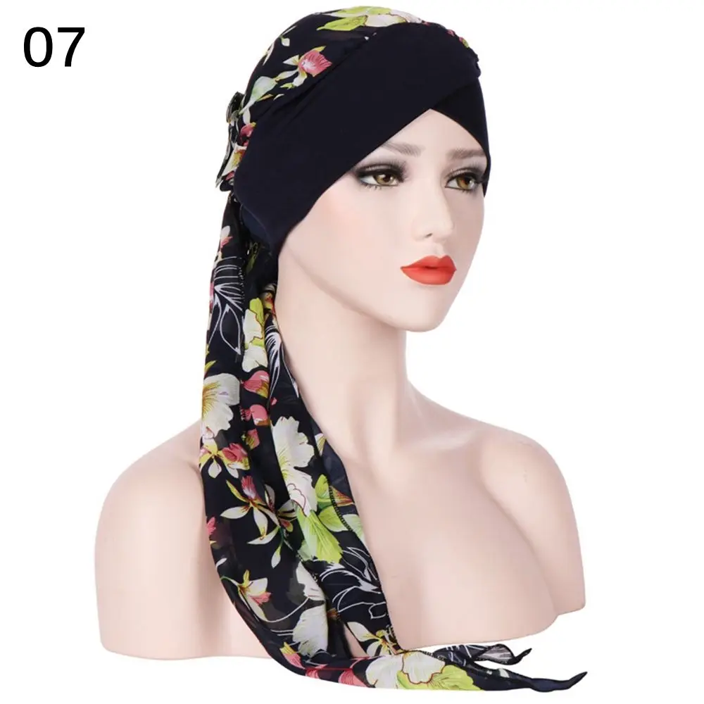7 Scarf Хиджаб для мусульманок, исламский Джерси, простой головной платок, тюрбан после химиотерапии, предварительно привязанный цветочный принт, шаль, мягкий шелк, шифон, длинный хвост, шапка - Цвет: 7 Scarf