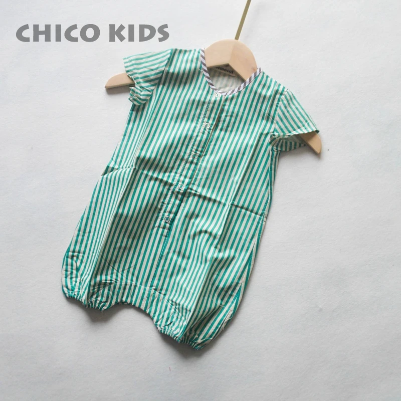 Детский хлопковый комбинезон в полоску с коротким рукавом|Ромперы| |