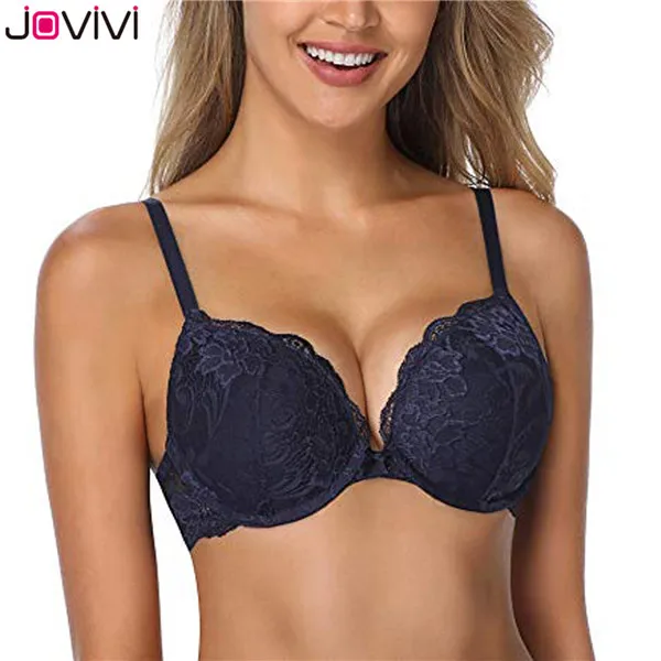 Dark Blue Jovivi 3/4 чашками сексуальный бюстгальтер Для женщин пуш-ап цветочный кружевной бюстгальтер на косточках Деми с глубоким вырезом и 32A-38DD чашки, женские, повседневные, бюстгальтер 2 цвета - Цвет: Dark Blue