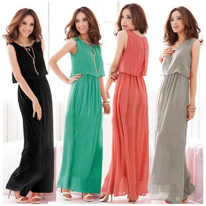 Новая Мода Женщины Шифон Maxi и Long Dress Boho Старинные О Шеи Случайные Свободные Платья