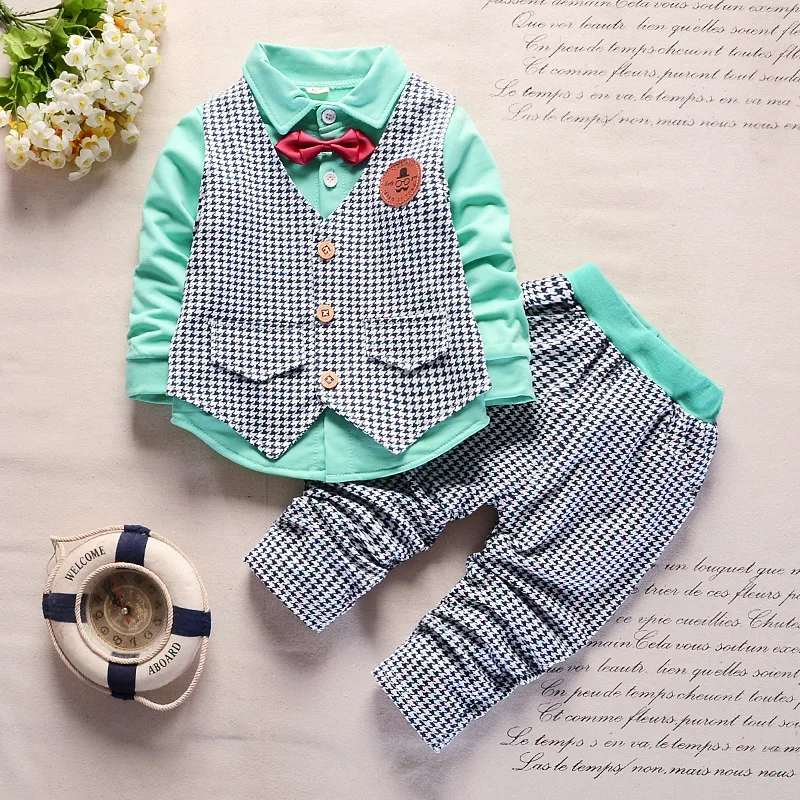 CUTEMOON baby boys clothes set spring autumn gentleman lattice suits vest+tops+pants 3pcs infant clothing fashion |