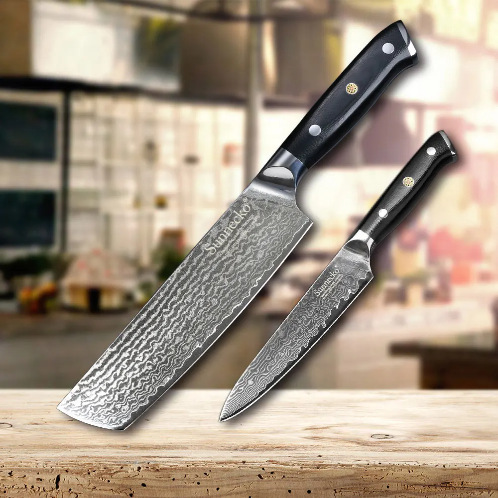 SUNNECKO 2PCS Kitchen Knife Set 7&quotCleaver 5&quotUtility Japanese VG10 Damascus Steel Razor Sharp Cooking Knives G10 Handle | Дом и сад