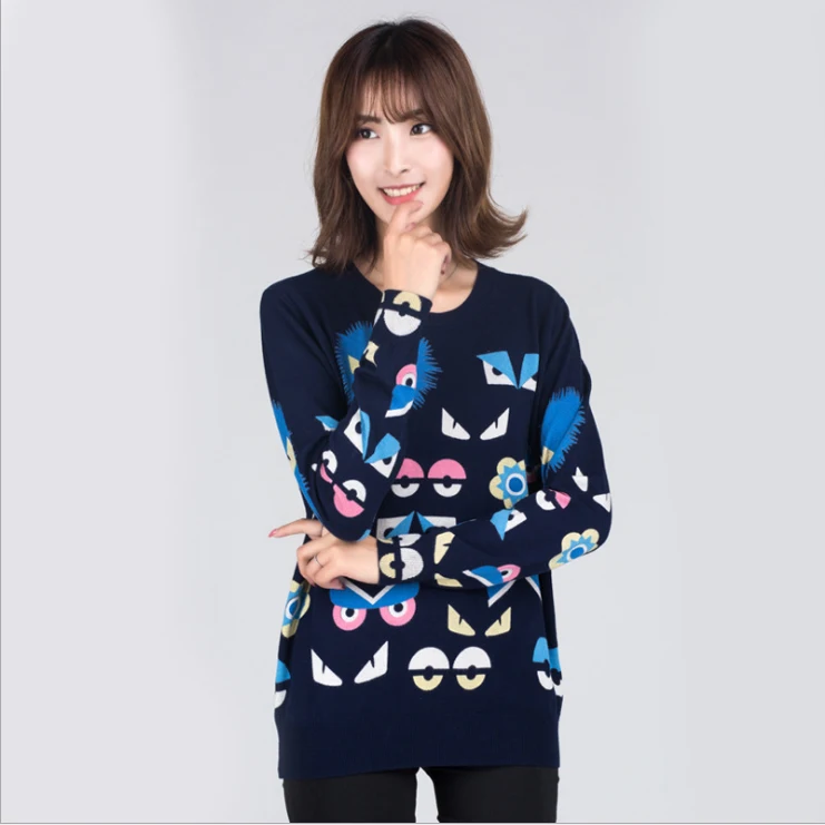 Navy Blue7 Зимний свитер для подиума, женский роскошный брендовый дизайн, элегантный женский свитер с длинным рукавом, новые свободные вязаные свитера-пуловеры с принтом, топы - Цвет: Navy Blue7