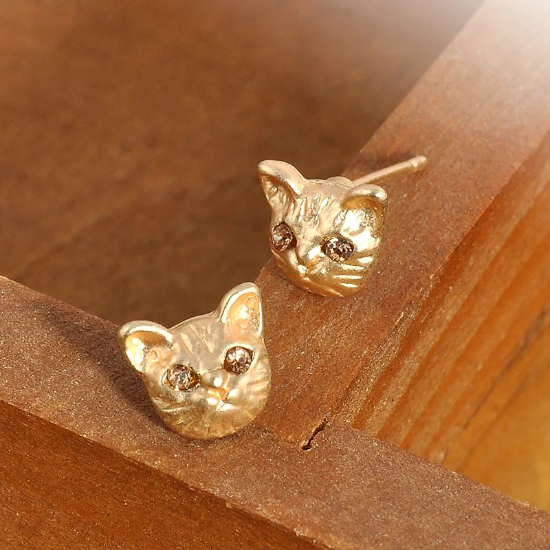 Женские серьги пусеты с кошачьими ушами винтажные дизайнерские золотистые и