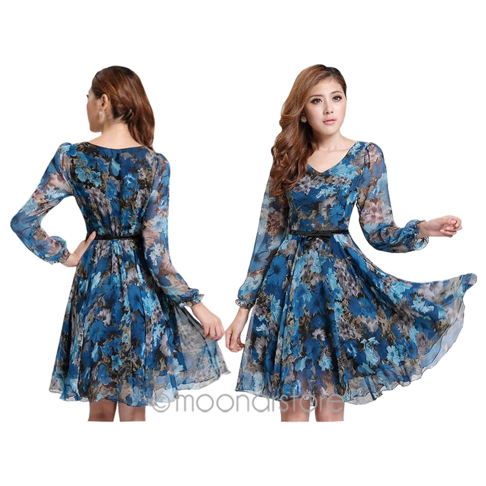 Европейский v образный вырез цветочный принт шифоновое тонкое платье с длинным
