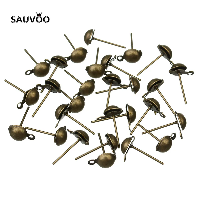 Sauvoo 50pcs Antique Bronze Gold Silver Color Metal Ball Iron Stud Earring Pins 6mm 8mm with Hole for DIY Ear Jewelry Making | Украшения и