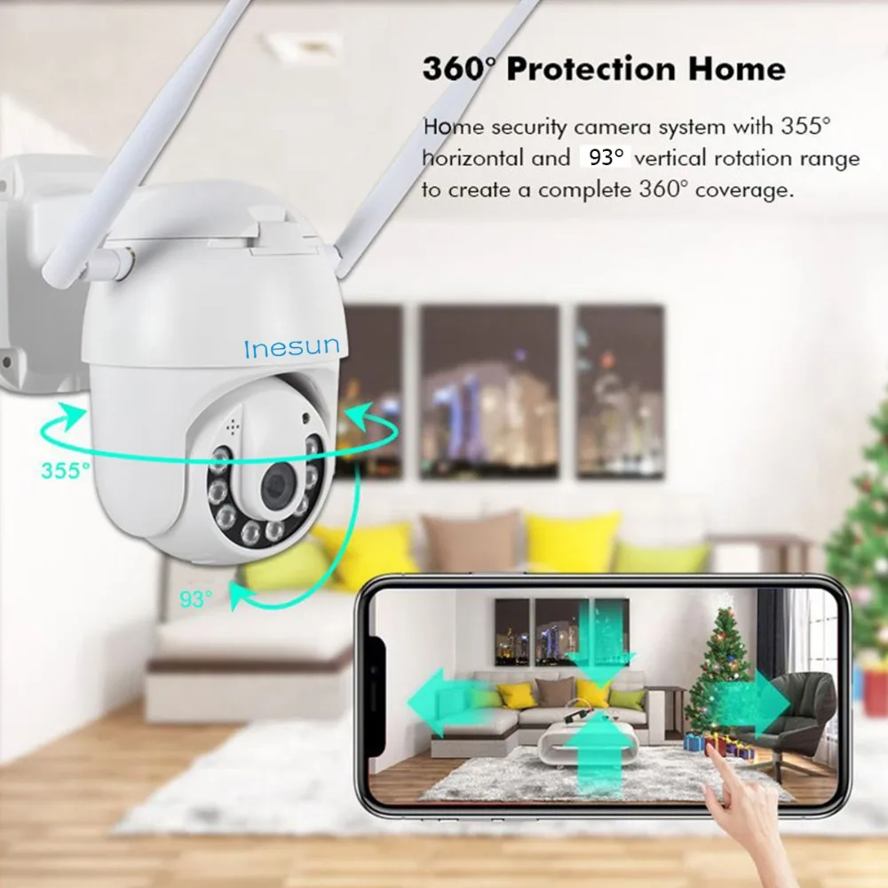 Inesun HD 1080P Wifi IP камера наружная 355°Pan/90°Tilt PTZ IP камера безопасности Водонепроницаемая 4 мм объектив 165ft IR ночного видения Макс 128G