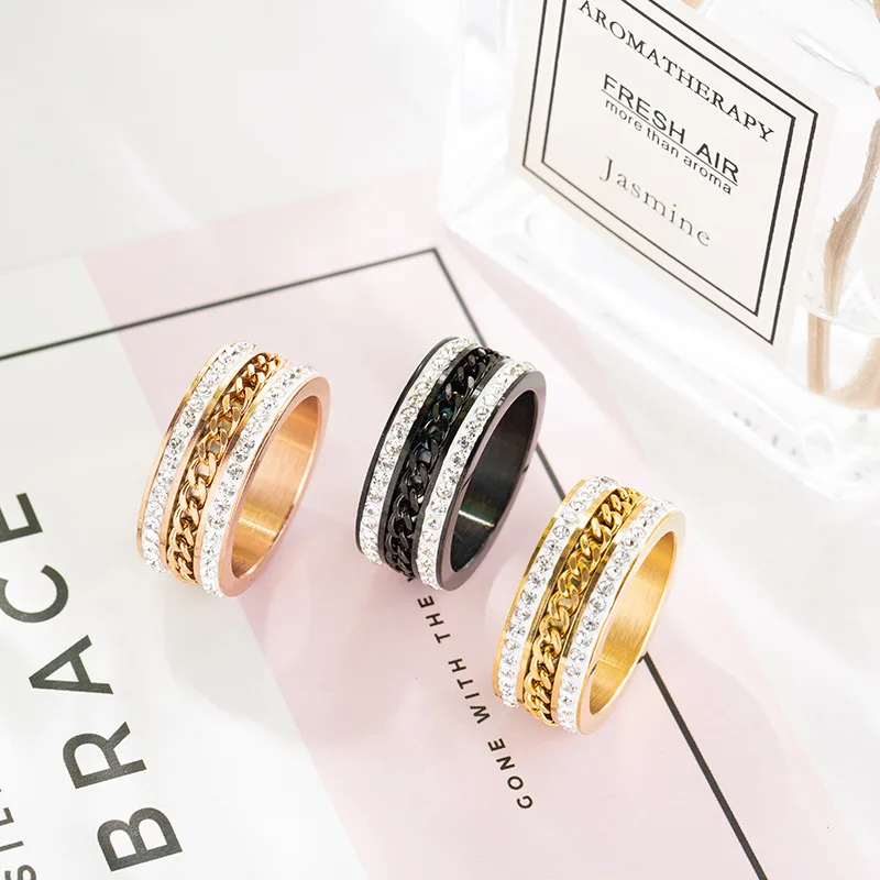 Fashion stainless steel double row circumference chain ring Couple Wedding Bands for women engagement jewelry | Украшения и