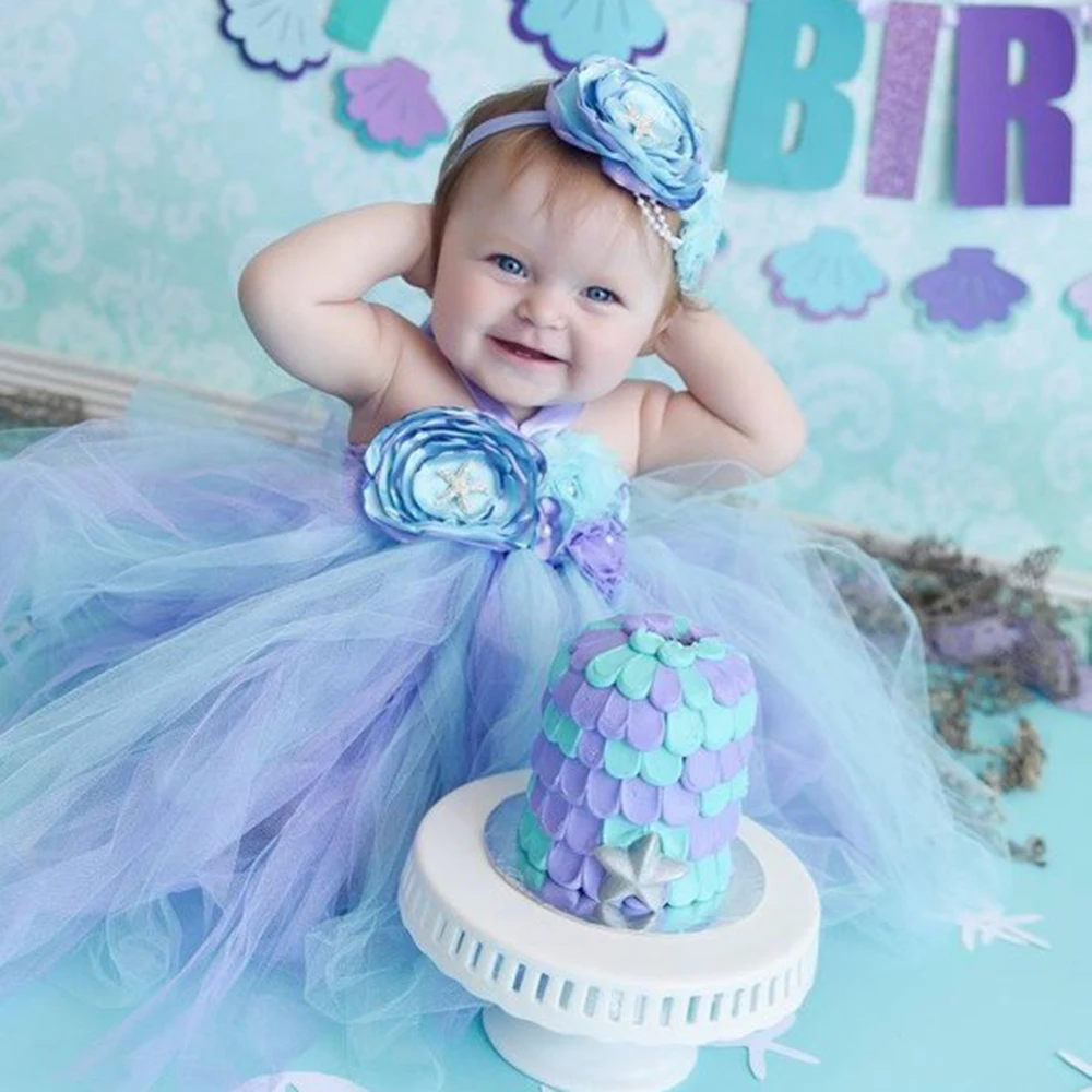 Aqua Voile Princess Ariel Flower Girl 1st Birthday Party Dress Alice in Children's Wonderland Costumes for Halloween Tutu | Детская