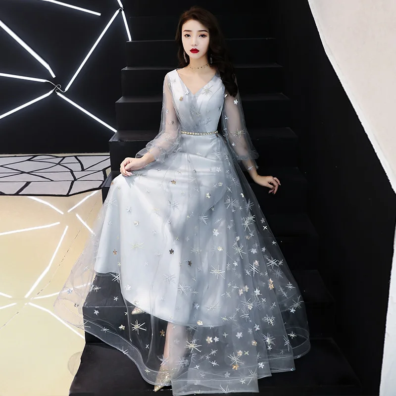 Китайское традиционное платье Ципао с v образным вырезом серого цвета для