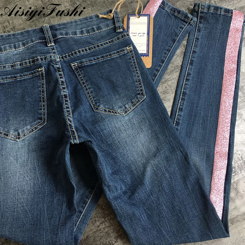 Women Skinny Jeans With Stripes Trousers Female Denim For Woman Plus Size Push Up Ladies Pencil Pants | Женская одежда