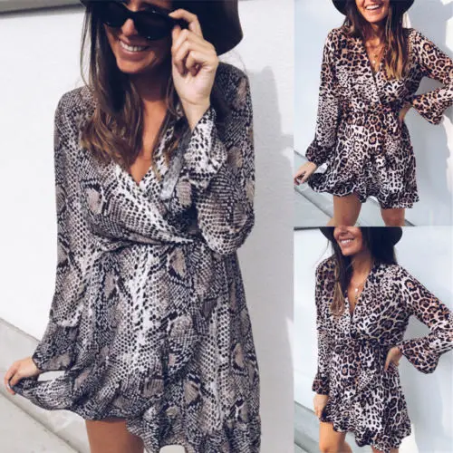 Fashion Women Leopard Snakeskin Dress Evening Party Beach Club Wear Lady Mini Printed Loose Clothing | Женская одежда