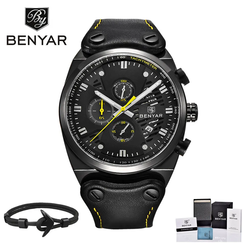 black yellow Мужские часы Reloj Hombre роскошный бренд BENYAR модные кожаные Кварцевые водонепроницаемые спортивные часы с хронографом Relogio Masculino - Цвет: black yellow