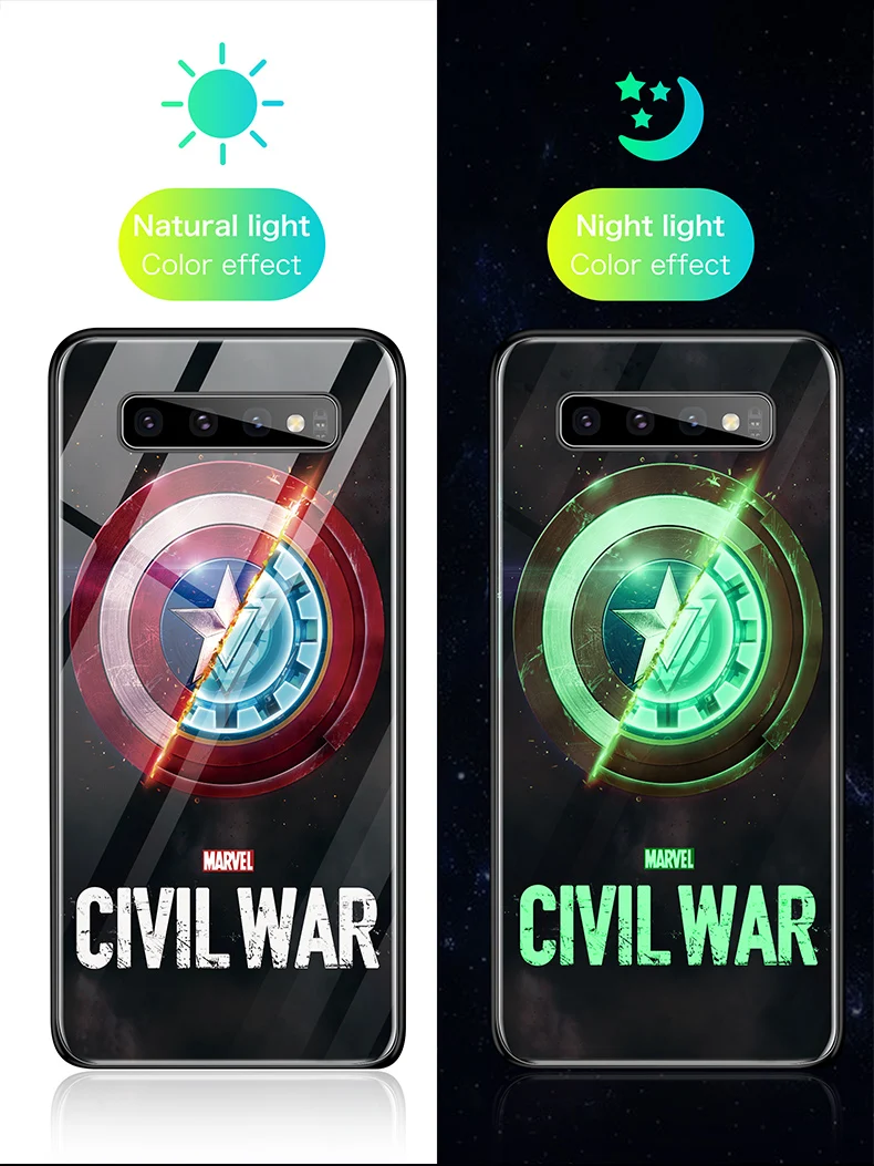 Чехол в виде светящегося стекла Marvel Железный человек для samsung Galaxy S8 S9 S10 e 5G Plus Note 8 9 10 Pro Чехол для телефона с изображением Мстителей Капитана Америки