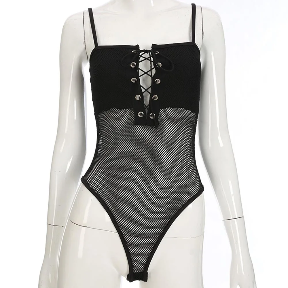 Women Sexy Rompers 2018 Skinny Plain Western Style Hollow Mesh See-Through Strap Lace-Up Girls Fashion Jumpsuits Bodysuits | Женская