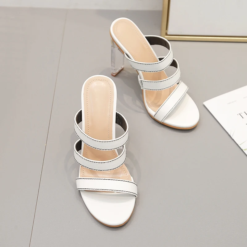 Woman Sandals 2020 Summer New Arrival Simple Crystal Transparent Thick High Heels And Slippers With White Women's Shoes | Обувь