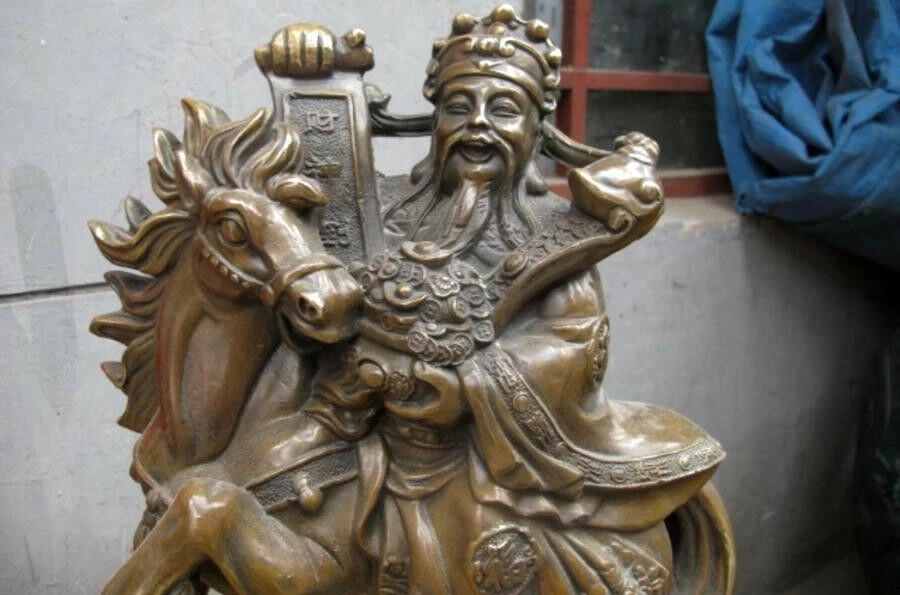 China Fengshui old Bronze treasure bowl Wealth God On Horse Mammon Buddha statue | Дом и сад