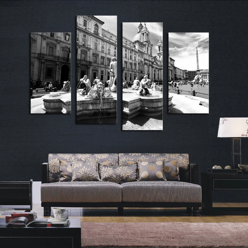 

Unique 4 panel Gray Series Classical Architecture HD Picture Modern Home Wall Decor Canvas Print Painting Home Decor No Frame