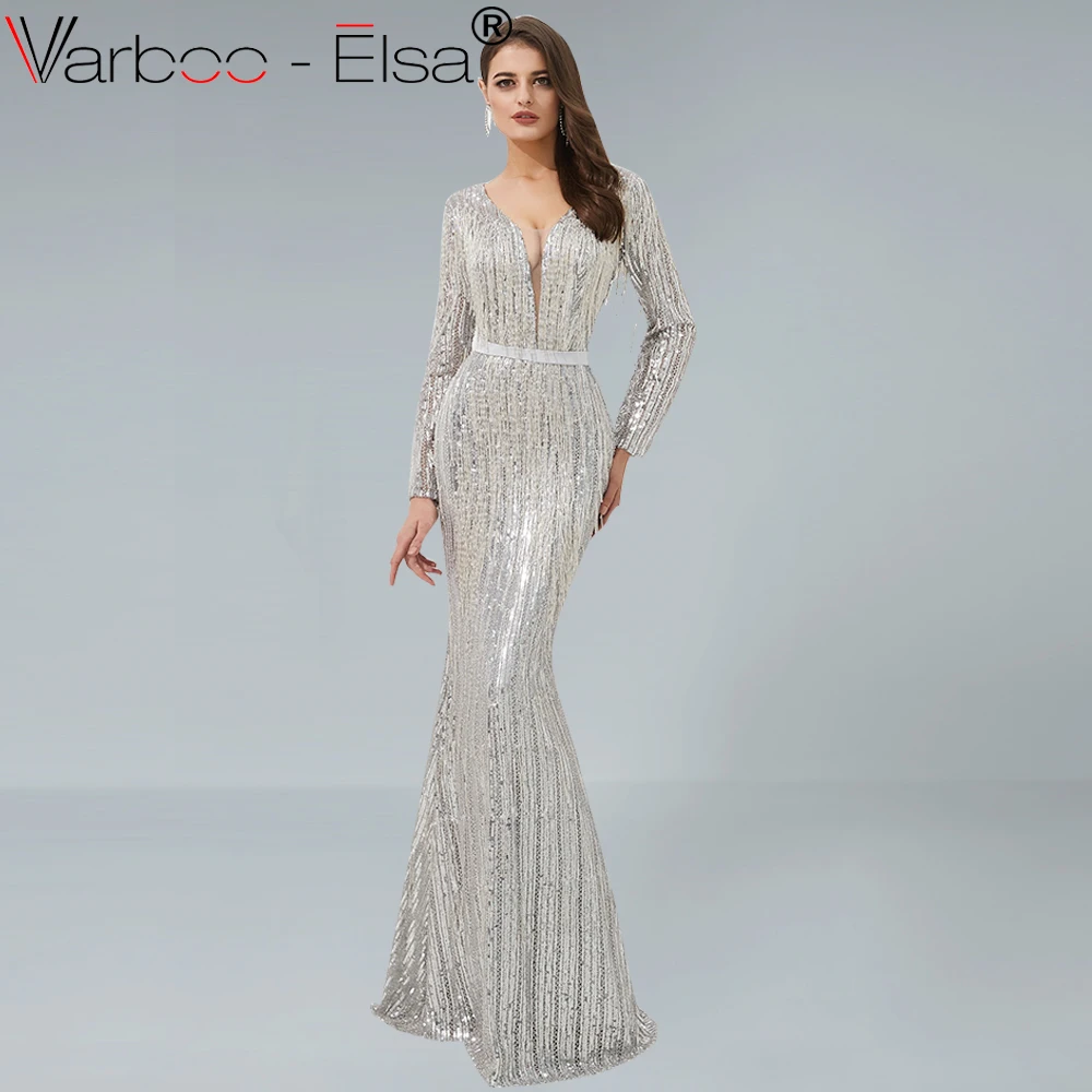 Женское вечернее платье с блестками VARBOO_ELSA Серебряное длинными рукавами и