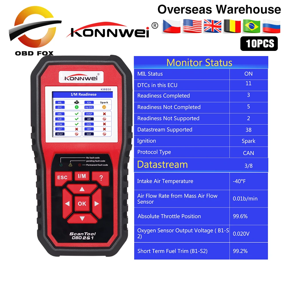 10 шт./лот KONNWEI KW850 многоязычный полнофункциональный OBD2 OBD 2 автоматический
