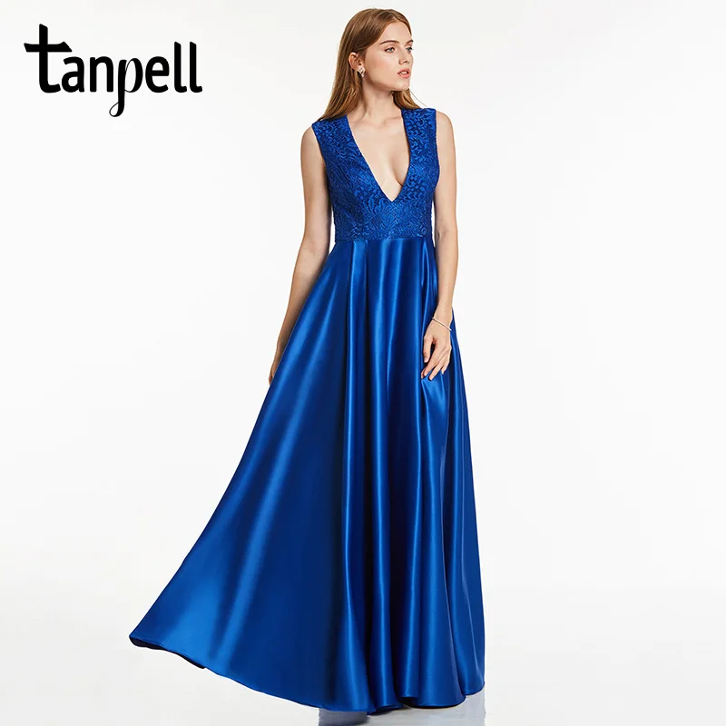 royal blue Tanpell сексуальное вечернее платье с v-образным вырезом, красное платье без рукавов длиной до пола, платье трапециевидной формы, недорогое женское кружевное длинное вечернее платье для выпускного вечера es - Цвет: royal blue