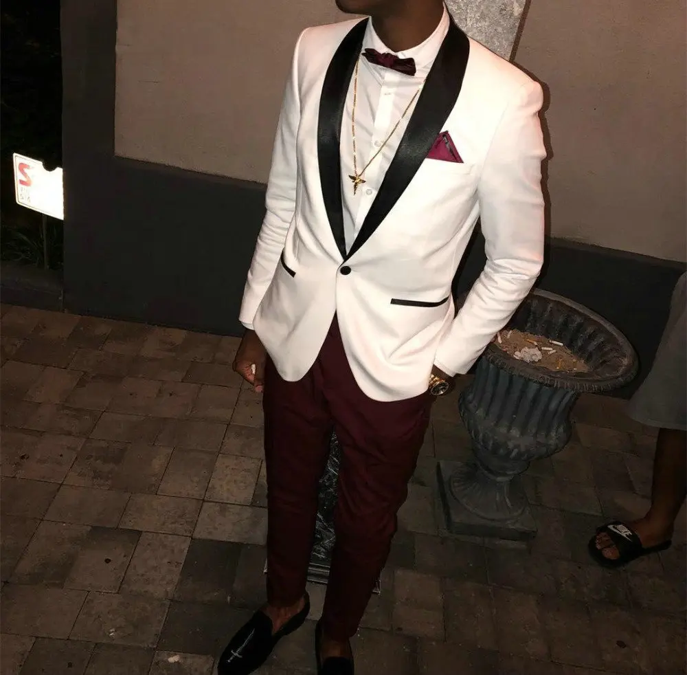 2019 Formal White Burgundy Pants Men Groom Suit Wedding Tuxedos Slim Fit Prom Suits Groom Tuxedos Best Man Blazer Suits For Men