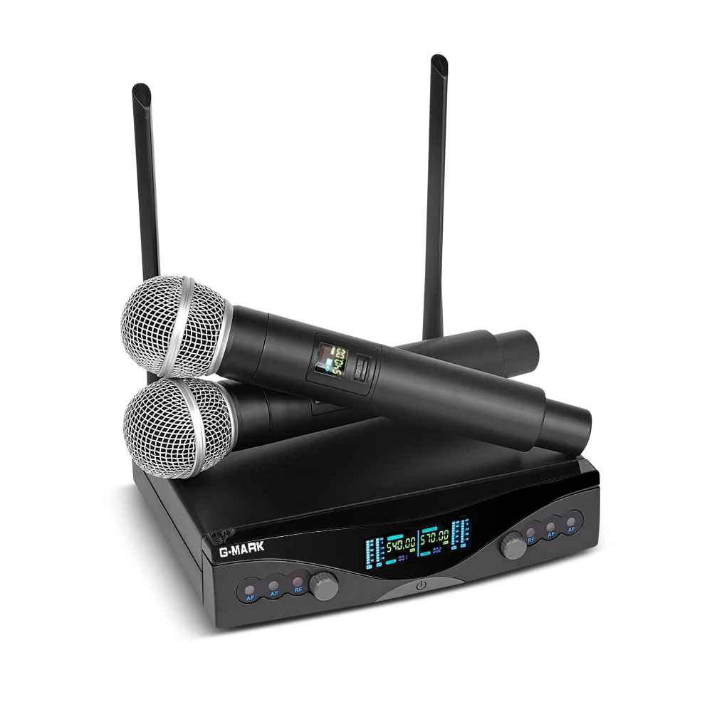 G-MARK Беспроводная микрофонная система UHF с длинным диапазоном, двухканальный, 2 ручных микрофона, передатчик, профессиональный караоке, высокое качество