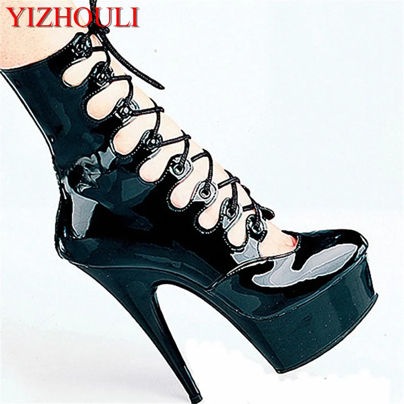 

15CM High-Heeled Shoes 6 Inch Fashion Cutout Front Strap Platform Short Boots Light PU Plus Size Round Toe Sexy Mid-Calf Boots