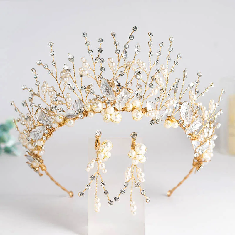 Crown and Earrings Свадебная Невеста золотая корона принцессы диадема королева жемчуг горный хрусталь Свадебные аксессуары для волос головное украшение корейские ювелирные изделия на волосы набор с тиарой - Окраска металла: Crown and Earrings