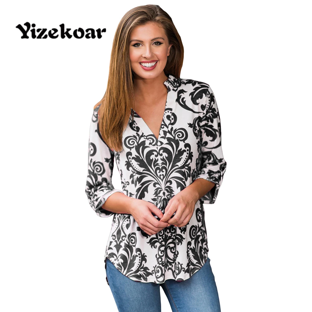 Yizekoar Damask Print Blouse Shirts Women Floral Blusas 2018 Autumn Casual Top Spring Lady Big Size Roll Up 3/4 Sleeve Blouses |