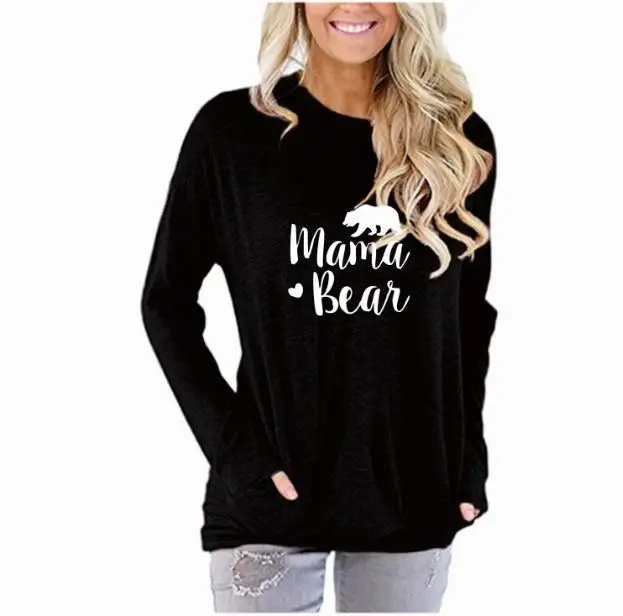 black Mama Bear однотонная повседневная женская футболка осень зима длинный рукав карманы o-образный вырез женская футболка Топ Хлопок размера плюс Прямая поставка - Цвет: black