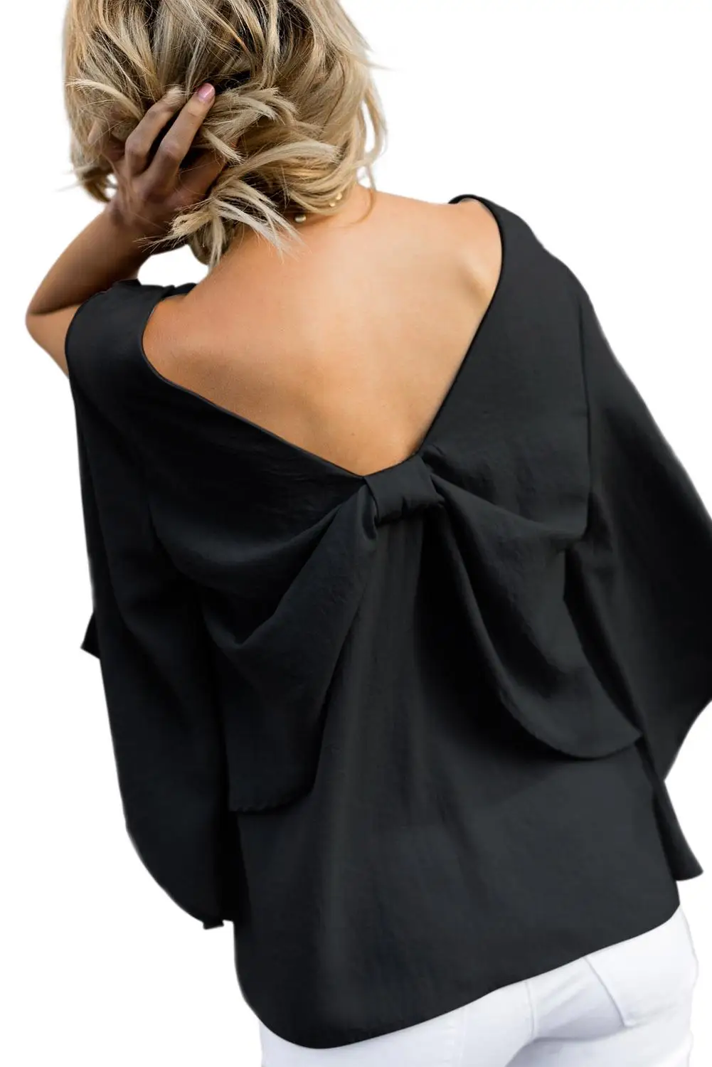 Echoine Gray/Black V-Neck Bowknot Three-Quarter Ruffle Sleeve Blouse Women Summer Formal Office Plus Size 2XL Tops |