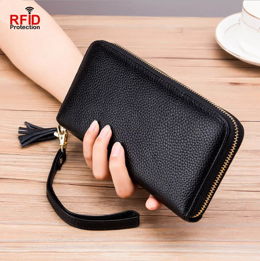 

Leather Strap Wallet women Genuine lether Long purse Zipper RFID Protection Coin purse Black Red Hot pink Blue Light brown