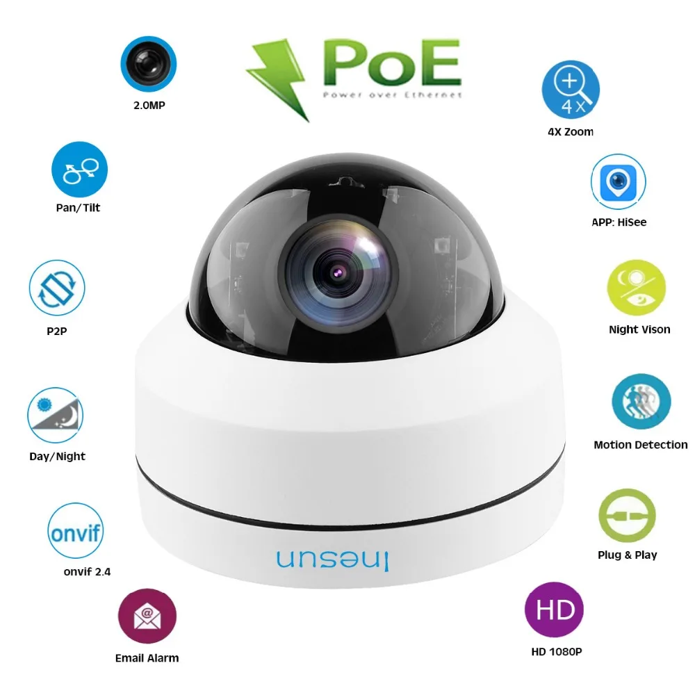 Inesun 2MP 1080P PoE IP домашняя камера безопасности IK10 Антивандальная IP66 Водонепроницаемая 4X оптическая зум PTZ купольная камера для улицы и дома