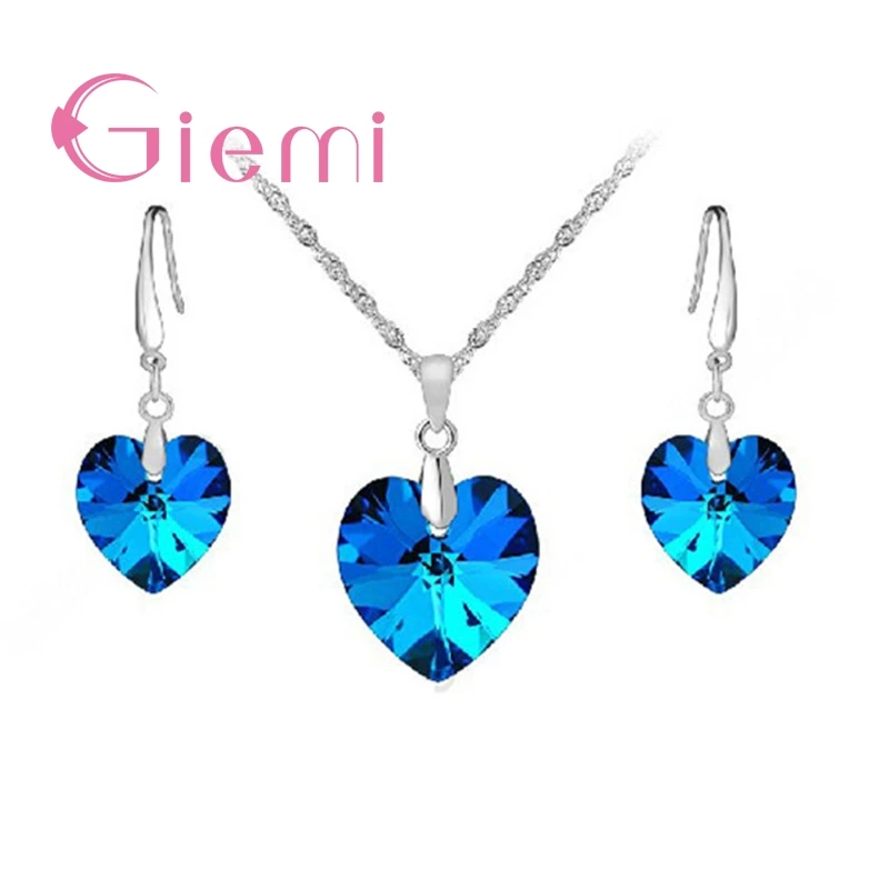 

Charm Blue Heart Jewelry Set Real 925 Sterling Silver Pendant Necklace Hoop Earring Exquisite Fashion Wedding Party Promotion