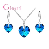 charm blue heart jewelry set real 925 sterling silver pendant necklace hoop earring exquisite fashion wedding party promotion