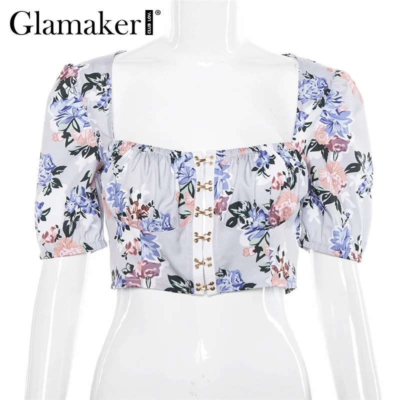 Многоцветный Glamaker, цветочный принт, бодикон, пуш-ап, майка, женская, cami, летняя, на пуговицах, кроп-топ, женский, кроп-педд, уличная одежда, Топы И Футболки, камзол - Цвет: Многоцветный