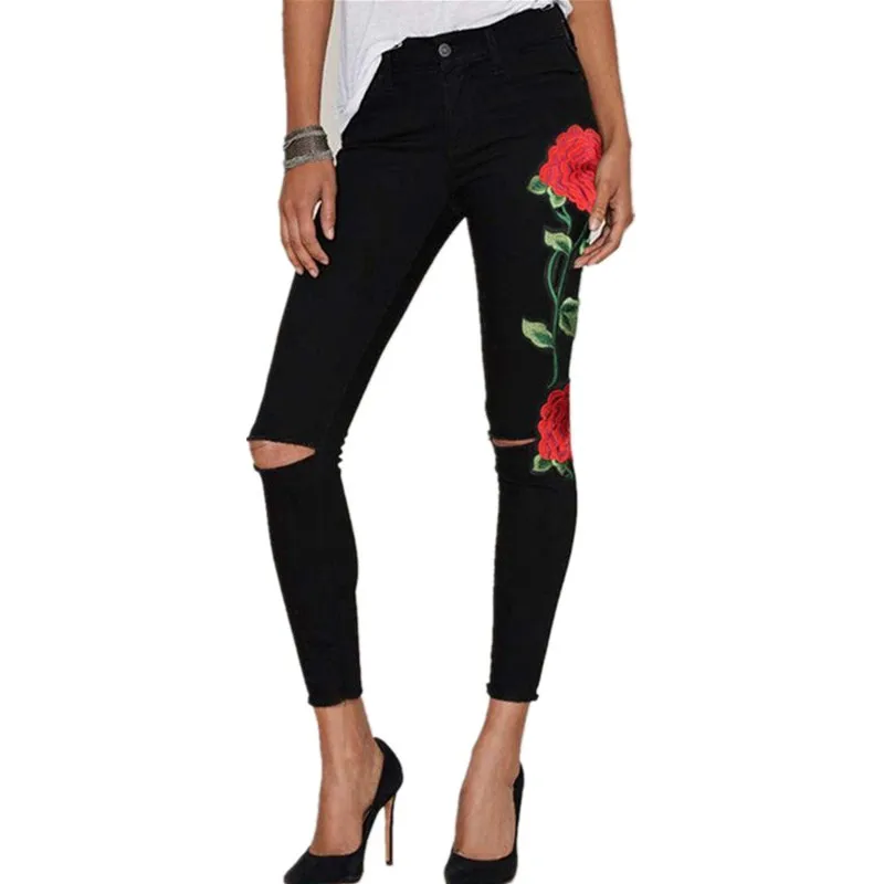 Женские вышитые джинсы стрейч с дырками женские эластичные цветочным принтом