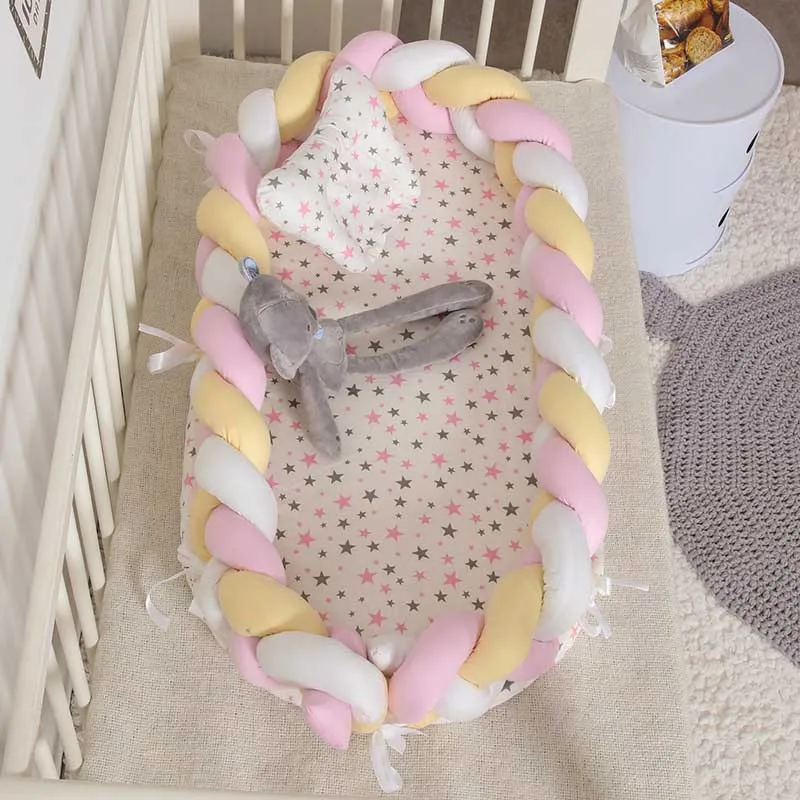 WhiteYellowPink Складное хлопковое плетение, съемная спальная кровать, детское гнездо, детская кроватка, портативная детская хлопковая колыбель, бампер, матрас для новорожденных - Цвет: WhiteYellowPink