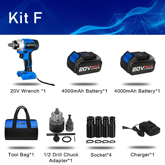 Prostoemer 20V Аккумуляторный ударный ключ, дюймовый стандарт торцевой гаечный ключ Burshless 260NM максимальный крутящий момент с отделкой кристаллами адаптер 4000 мА/ч, Батарея ключ, дюймовый стандарт - Цвет: Kit F