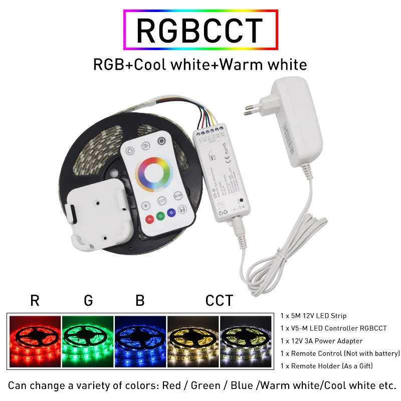 

5m 5050 SMD RGB CCT LED Strip Lights Waterproof 60Leds/m Flexible Light DC 12V Warm White 2.4G Wireless Synchronously Control