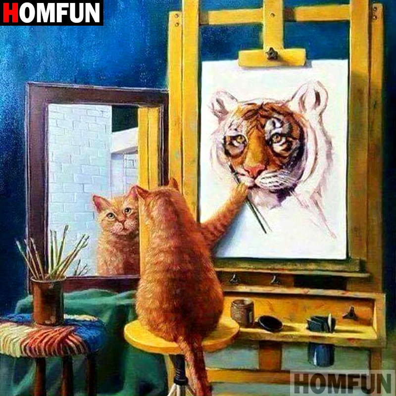 Алмазная 5D картина Homfun Кот и Тигр вышивка крестиком полное покрытие