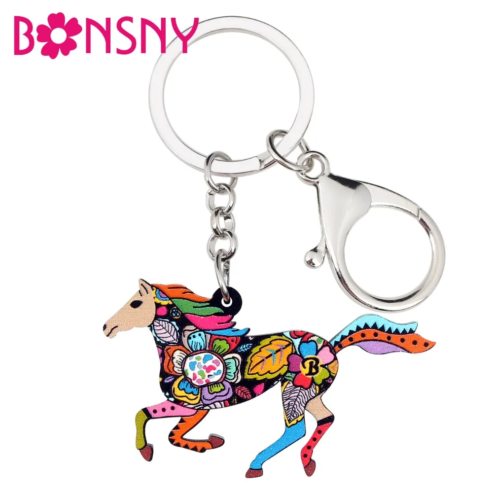 Bonsny акриловые элегантные брелки для ключей с лошадью бега кольца модные