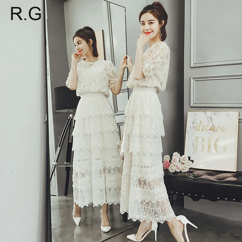 

RG Summer Lace Cupcake Skirt Suit Women Office Uniform Crop Top 2 Piece Set Beige-White Long Skirt Suits Terno Feminino 2018