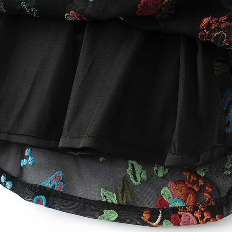 SCQP черный Вышивка цветочный цветы с круглым вырезом летнее платье 2017 длинным