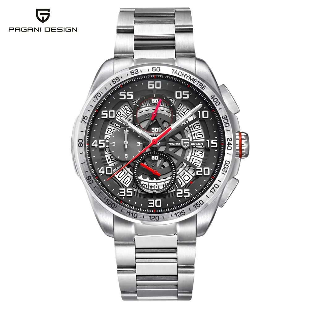 steel red PAGANI, дизайнерские спортивные мужские часы, скелет, военный хронограф, кварцевые, нержавеющая сталь, для улицы, армейские часы, мужские, Relogio Masculino - Цвет: steel red