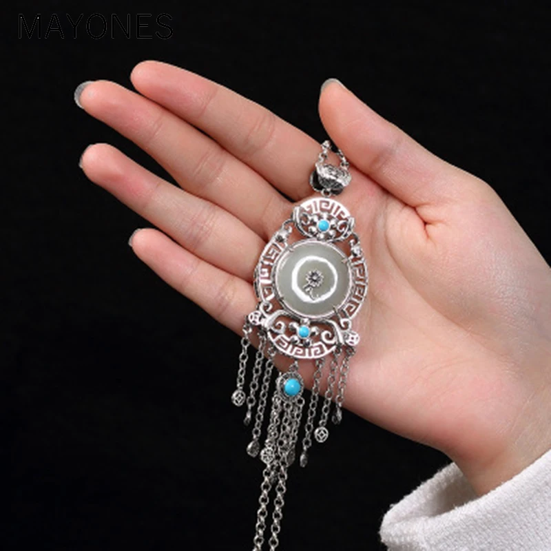 Витнаж амулет большой кулон с кисточкой для свитера цепи натуральные нефриты и