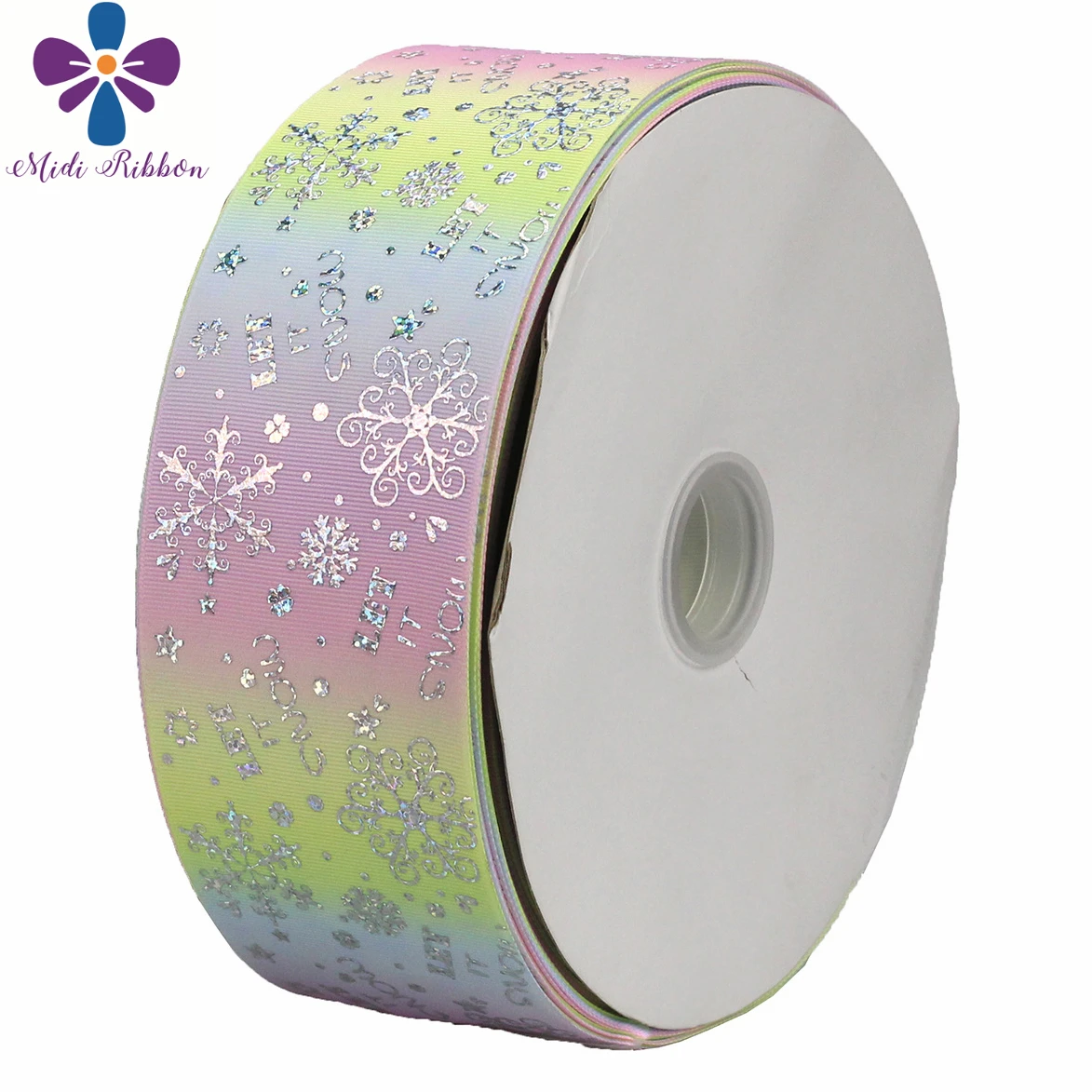 3"75mm Snowflake Hologram Silver Foil Gradient Color Printed Grosgrain Ribbon DIY Christmas Party Decor Hair Band 50yards/roll